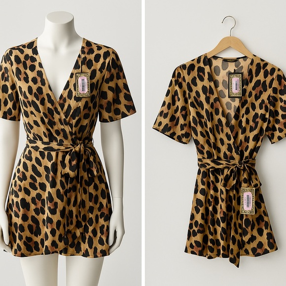 Plus Satin Leopard Print Ruffle Wrap Tie Playsuit - Picture 1 of 4